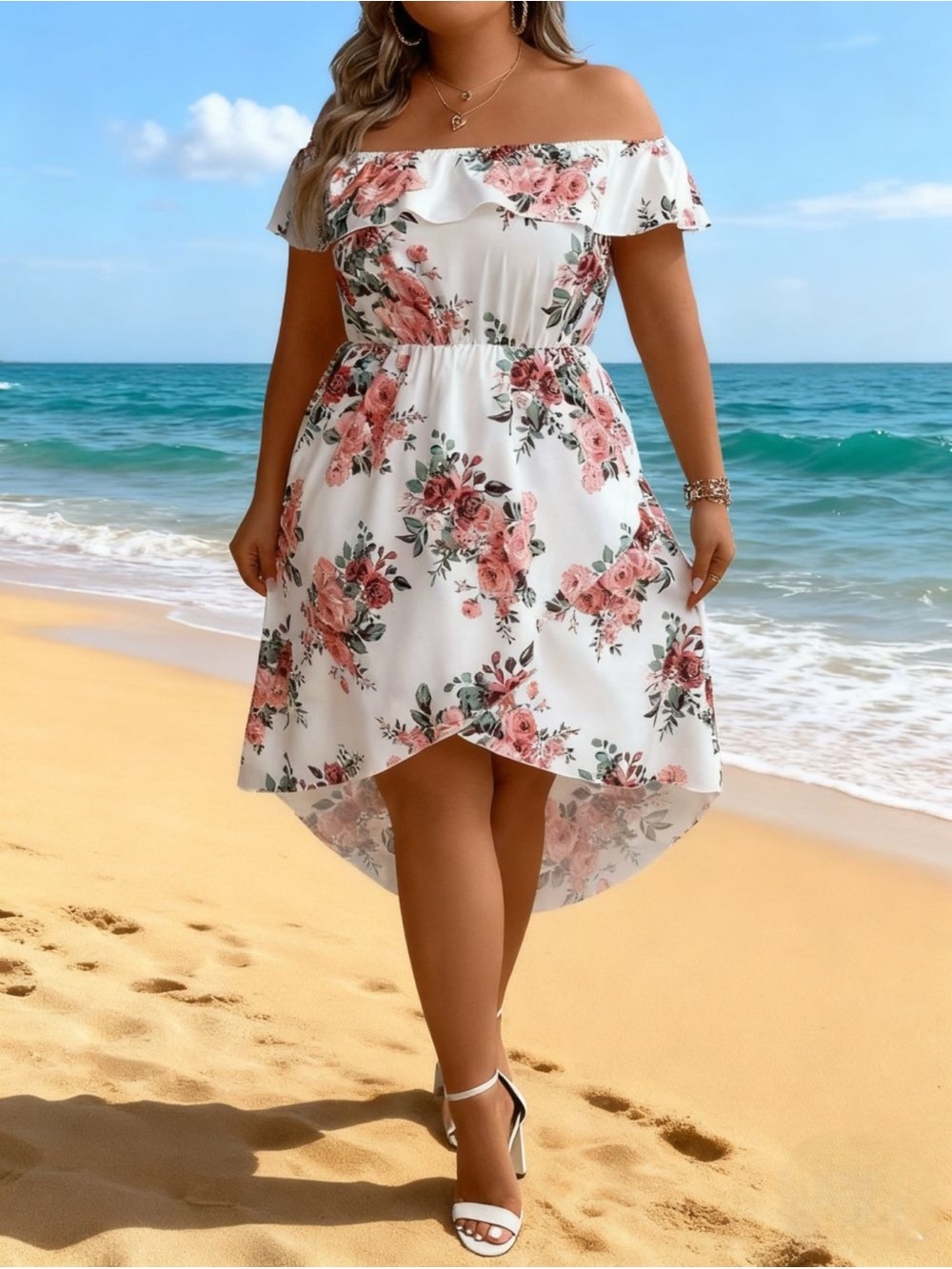 Off-Shoulder White Floral High-Low Dress with Pink Roses